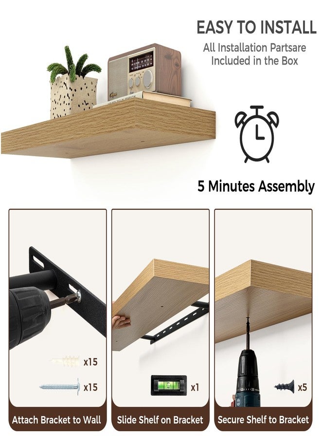 Venusmiles Floating Shelves for Wall, Engineered Wood Wall Shelves with Invisible Brackets for Living Room Bedroom Bathroom Office Kitchen Decor and Storage (Oak, 24" W x 9" D x 1.5" H) Set of 2 - Image 4